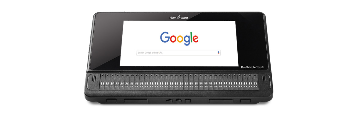 image du BrailleNote Touch montrant la page Google sur l'écran de l'appareil