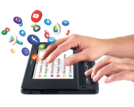 Hands typing on the BrailleNote Touch Plus 32 touch screen, with social media and other application logos appearing.