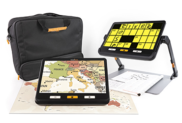 The explore 12 with a folding stand that magnifies a map of Europe, used with the portable reading stand to enlarge a crossword puzzle and the carrying bag provided with the device.