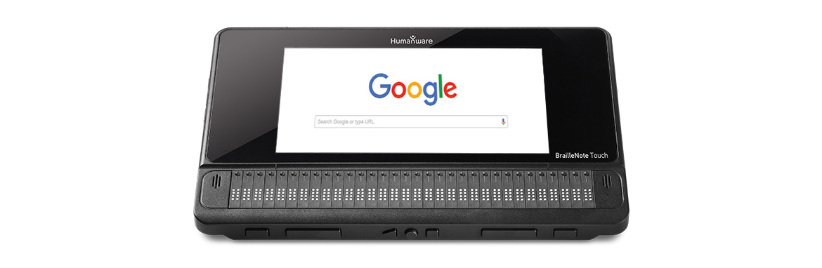 Photo of the BrailleNote Touch showing the Google page on its screen