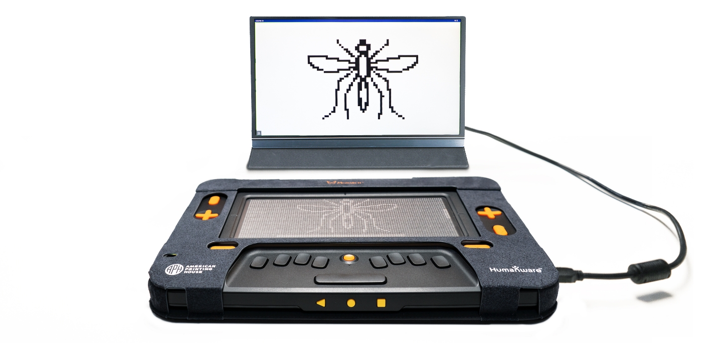 A tactile graphic of a mosquito displayed on the Monarch is reproduced on a screen.