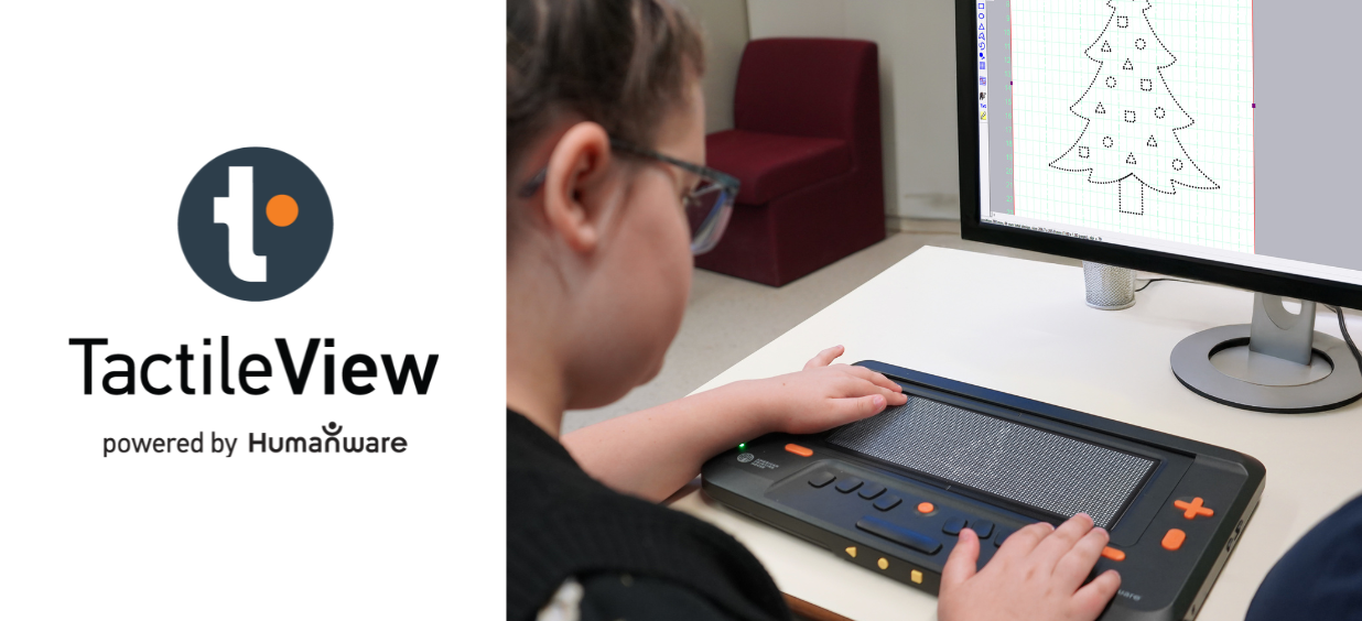 Girl using the Monarch tactile display with TactileView software showing a Christmas tree on screen.