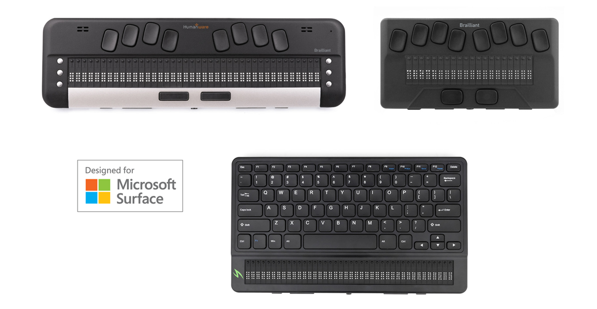 The Mantis Q40, BIX 20 and 40 braille displays along with the 'Design for Surface' badge from Microsoft.