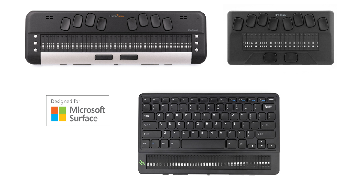 Les afficheurs braille Mantis Q40, BIX 20 et 40 avec le badge 'Conçu pour Surface' de Microsoft.