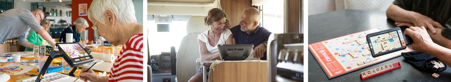 Montage of 3 images using electronic magnifiers: A woman paints using a stand-mounted electronic magnifier. A couple sitting in a caravan reads the newspaper using a video magnifier; a hand holds a portable video magnifier to read the letters in Scrabble.
