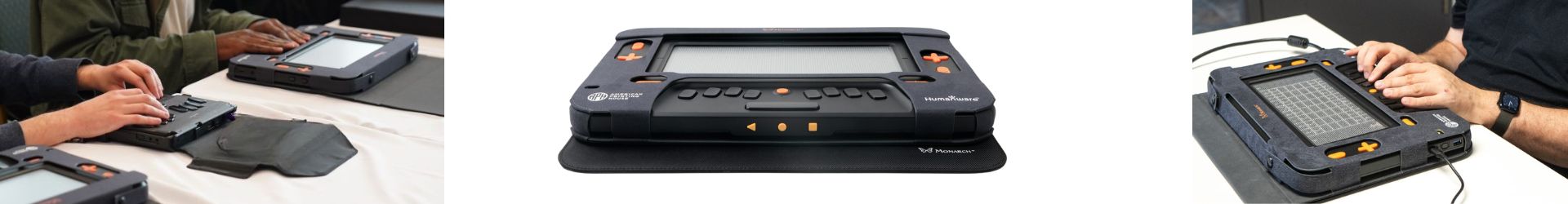 Teachers and braille transcribers testing the Monarch during pre-launch training. The front view shows Android navigation keys on the tablet's edge and a user typing on the Perkins-style keyboard.