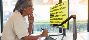 Image of a man reading text on his computer, displaying black text on a bright yellow background, creating a strong contrast.