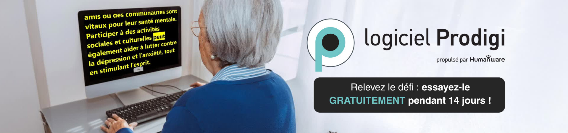 Une personne âgée utilisant un ordinateur avec un texte affiché. Elle promeut le logiciel "Prodigi," offrant un essai gratuit de 14 jours.