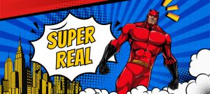 Comic-style illustration of a blind superhero in a red costume, inspired by Daredevil, set against a dynamic blue background with a yellow city skyline on the left. A comic speech bubble displays the words “SUPER REAL” in bold uppercase letters.