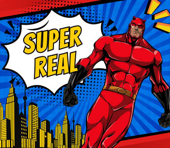 Comic-style illustration of a blind superhero in a red costume, inspired by Daredevil, set against a dynamic blue background with a yellow city skyline on the left. A comic speech bubble displays the words “SUPER REAL” in bold uppercase letters.
