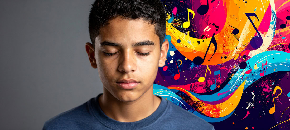 A young blind boy wearing a blue t-shirt stands before a wall split in two contrasting halves. On his right, the wall is gray, plain and muted, representing the restrained world of neutral descriptions. On his left, vibrant colors blue, yellow, pink, violet explode across the surface, intertwined with musical notes that reflect his deep love of music and the emotion it stirs within him. This striking visual contrast emphasizes how alternative descriptions can transform a scene for the viewer, inviting them into the boy’s rich sensory world.