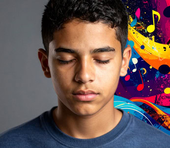 A young blind boy wearing a blue t-shirt stands before a wall split in two contrasting halves. On his right, the wall is gray, plain and muted, representing the restrained world of neutral descriptions. On his left, vibrant colors blue, yellow, pink, violet explode across the surface, intertwined with musical notes that reflect his deep love of music and the emotion it stirs within him. This striking visual contrast emphasizes how alternative descriptions can transform a scene for the viewer, inviting them into the boy’s rich sensory world.