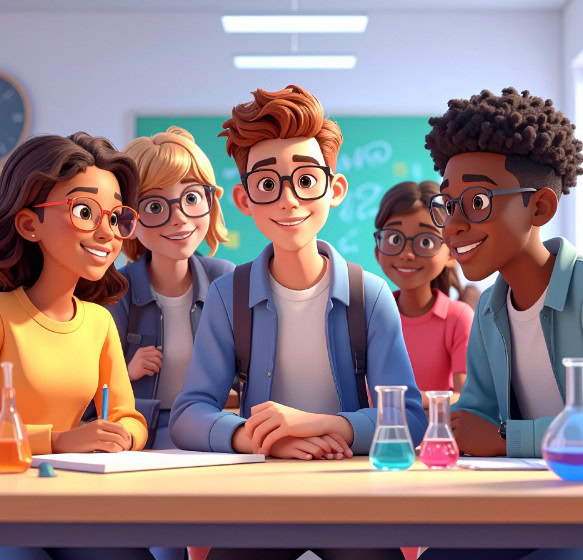 3D illustration of five teenagers smiling in a science lab, sitting around a table with colorful flasks.