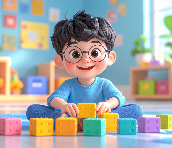 3D illustration of a smiling young boy sitting on the floor in a playroom, building with colorful LEGO-like blocks.
