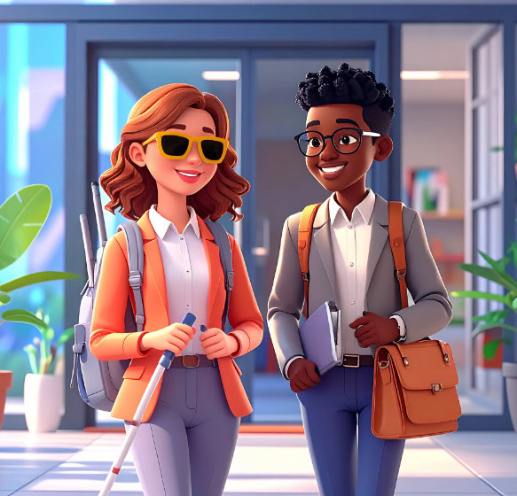 3D illustration of two smiling professionals walking together, one holding a white cane and wearing sunglasses, the other carrying a briefcase.