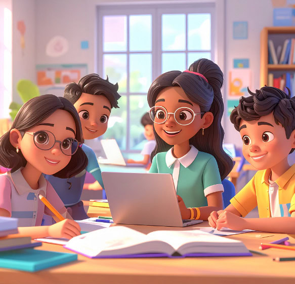 3D illustration of four teenagers working together around a laptop and books in a bright classroom.