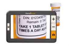 Close-up of a digital magnifier explore 5 displaying a prescription bottle.