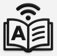 Icon of an open book with a large letter "A" on one page and three horizontal lines on the other, topped with a Wi-Fi symbol.