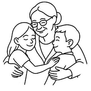 Elderly person hugging two children, one on each side.