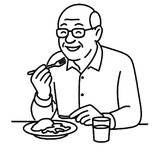 Elderly person with glasses, sitting at a table, eating with a fork and holding a glass of water.