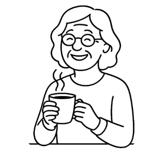 Smiling elderly person with glasses, holding a steaming cup of coffee or tea.