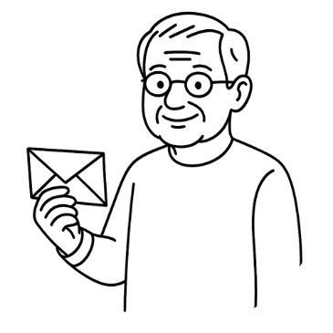 Elderly person with glasses, holding an envelope in one hand.