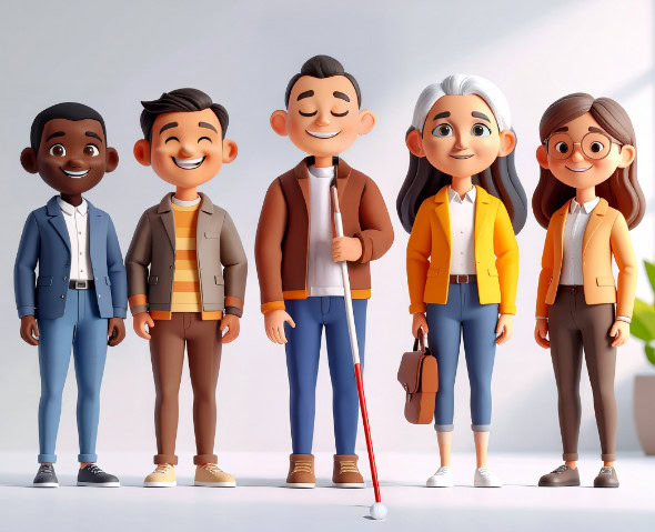 3D illustration of five diverse adults, including a visually impaired person holding a white cane, posing side by side and smiling.