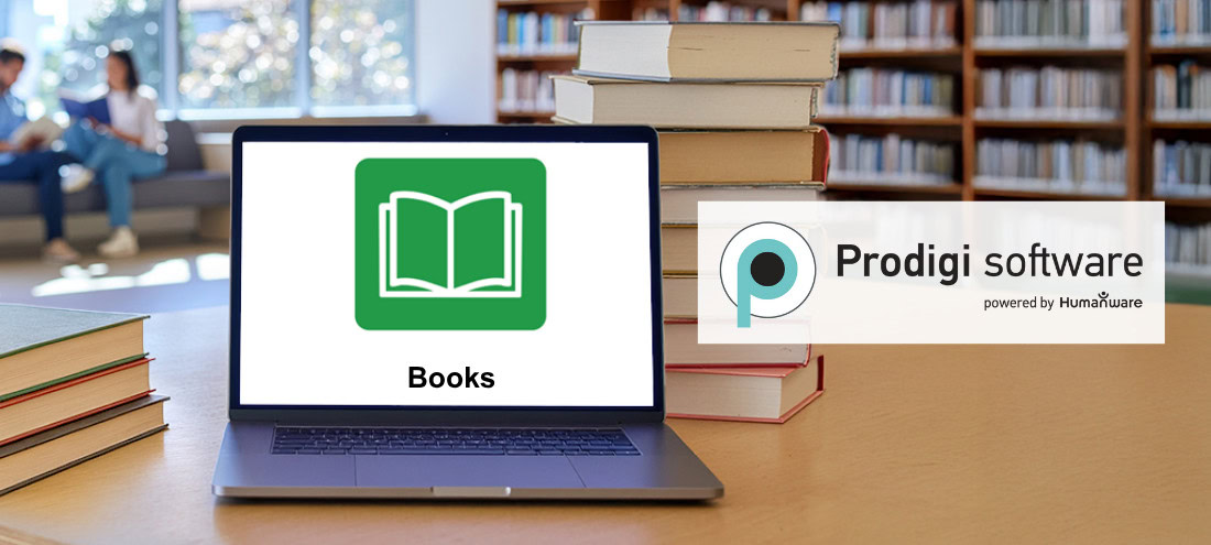 Laptop showing the Books icon in a library.