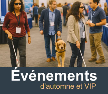 Personnes aveugles avec cannes et chien guide à un événement.