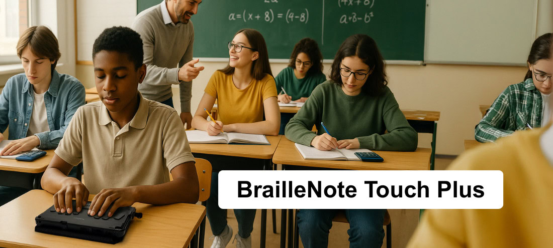 A visually impaired student uses a BrailleNote Touch Plus device in class, surrounded by other students and a teacher guiding them.