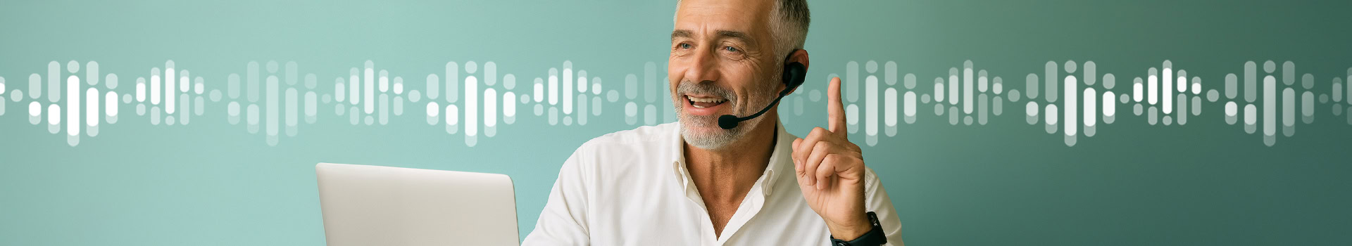 A mature man hosts a webinar wearing a headset, smiling in front of his laptop against a turquoise background with white sound waves.
