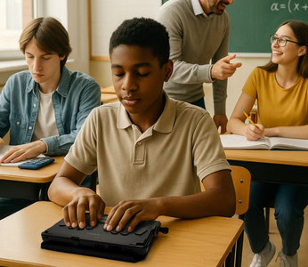 A visually impaired student uses a BrailleNote Touch Plus device in class, surrounded by other students and a teacher guiding them.
