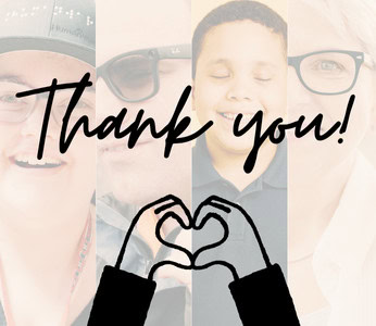 Collage of portraits with the word “Thank you!” and hands forming a heart shape.