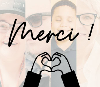 Montage de portraits avec le mot “Merci !” et des mains formant un cœur.