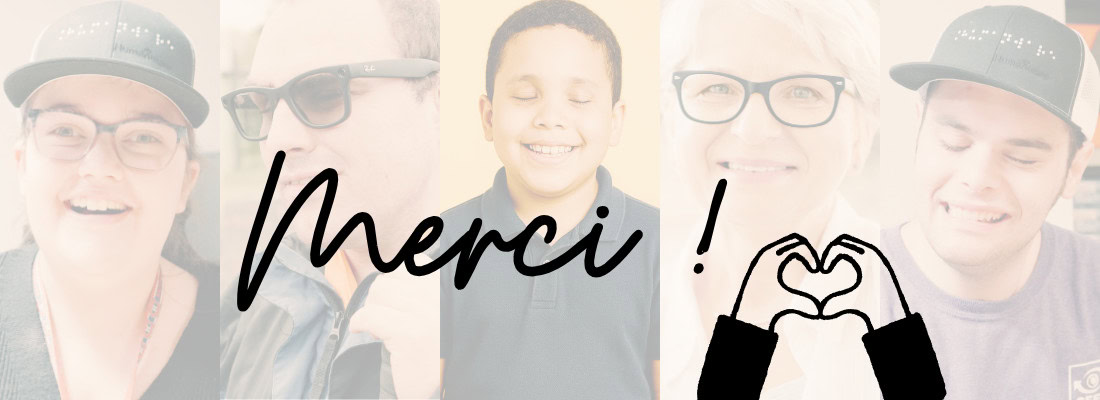  Montage de portraits avec le mot “Merci !” et des mains formant un cœur.