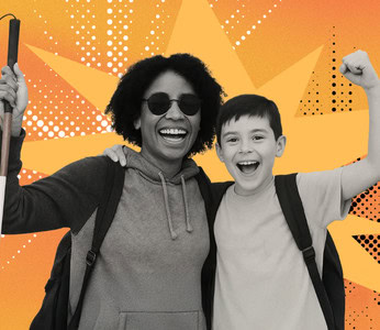 Smiling woman holding a white cane and a joyful child celebrating.