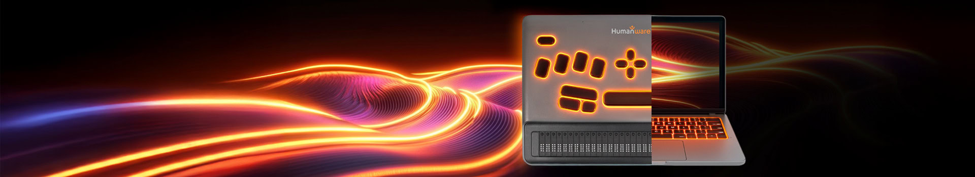 BrailleNote evolve transitioning into a laptop with glowing light waves behind.