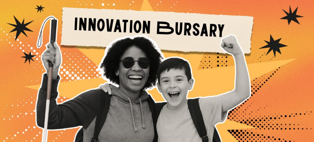 Smiling woman holding a white cane and a joyful child celebrating in front of an ‘Innovation Bursary’ banner.