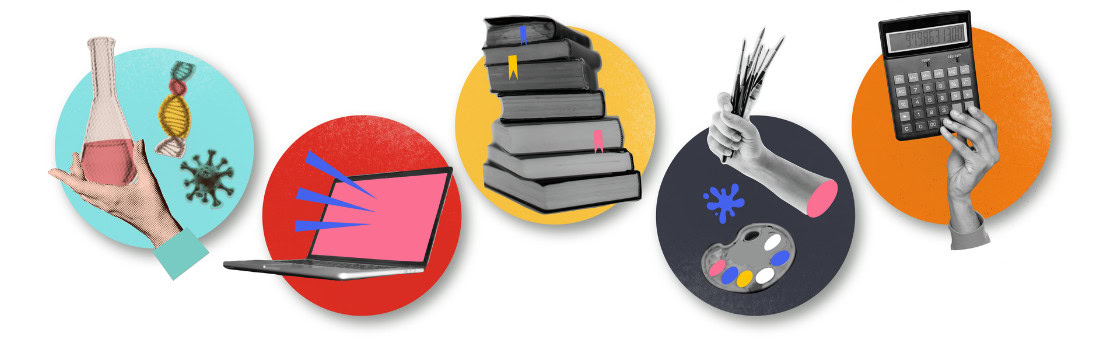 Five colorful icons showing a science beaker, a laptop, stacked books, art supplies, and a calculator. Five colorful icons showing a science beaker, a laptop, stacked books, art supplies, and a calculator.