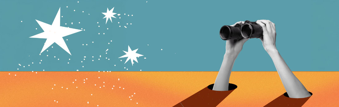 Hands holding binoculars rise from the ground in search of stars. Hands holding binoculars rise from the ground in search of stars.