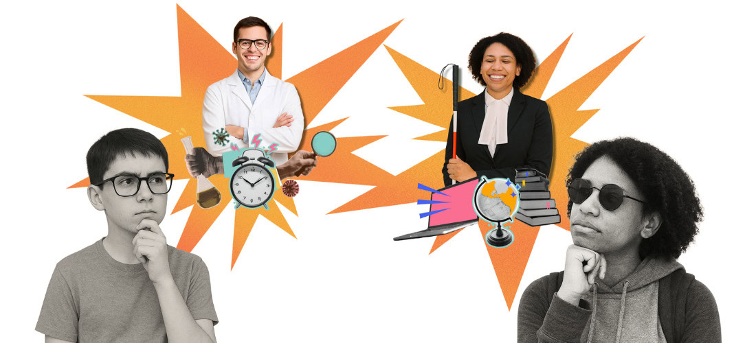 A boy imagines himself as a scientist with laboratory equipment, and a woman imagines herself as a blind lawyer with books and a globe. A boy imagines himself as a scientist with laboratory equipment, and a woman imagines herself as a blind lawyer with books and a globe.