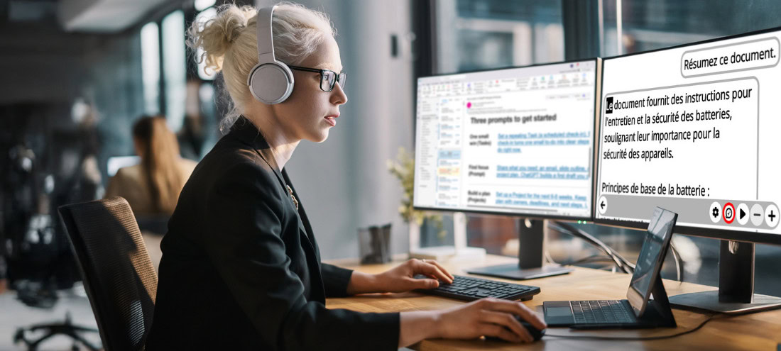 Femme portant des écouteurs et travaillant sur un ordinateur affichant un résumé de document généré par Prodigi. Femme portant des écouteurs et travaillant sur un ordinateur affichant un résumé de document généré par Prodigi.
