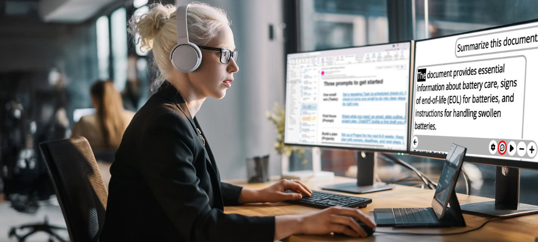 Woman wearing earbuds and working on a computer displaying a document summary generated by Prodigi.
