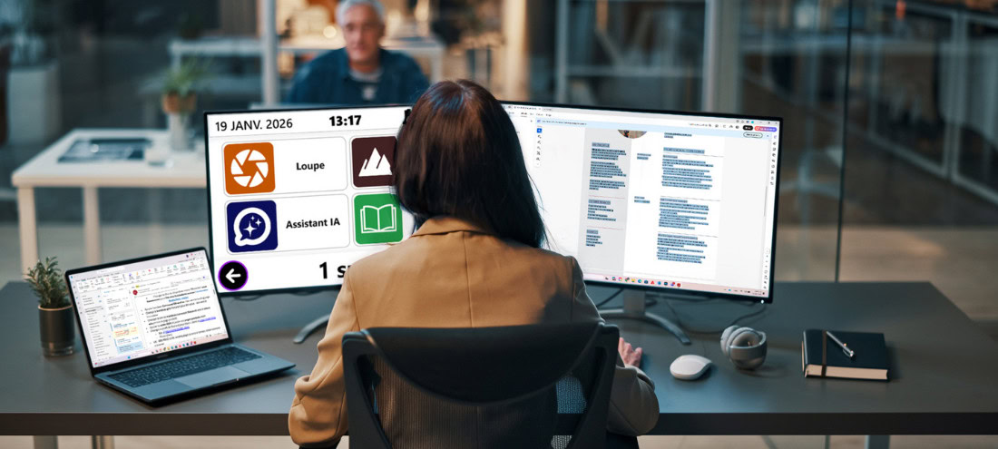 Personne travaillant à un bureau en utilisant l’assistant IA Prodigi sur un grand écran. Personne travaillant à un bureau en utilisant l’assistant IA Prodigi sur un grand écran.