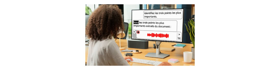 Personne utilisant la saisie vocale pour demander un résumé de document à l’assistant IA Prodigi. Personne utilisant la saisie vocale pour demander un résumé de document à l’assistant IA Prodigi.