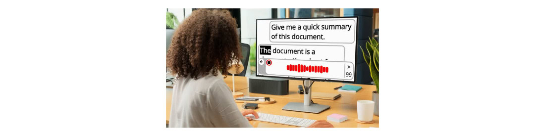 Person using voice input to ask Prodigi AI Assistant for a document summary.