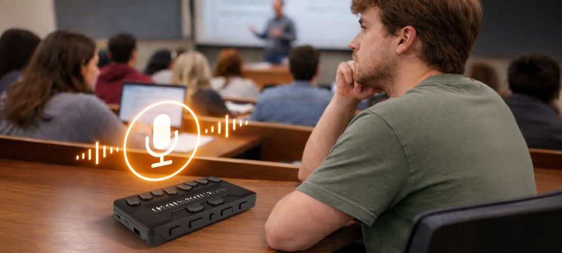University student seated in a lecture hall, listening to a class, with a Brailliant BI 20X braille display on the desk and an audio recording icon indicating lecture recording.