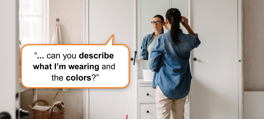 A blind woman stands in front of a mirror, touching the frame of her smart glasses. A blind woman stands in front of a mirror, touching the frame of her smart glasses.