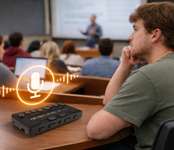 University student seated in a lecture hall, listening to a class, with a Brailliant BI 20X braille display on the desk and an audio recording icon indicating lecture recording.