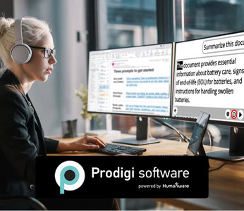 Woman wearing earbuds and working on a computer displaying a document summary generated by Prodigi.